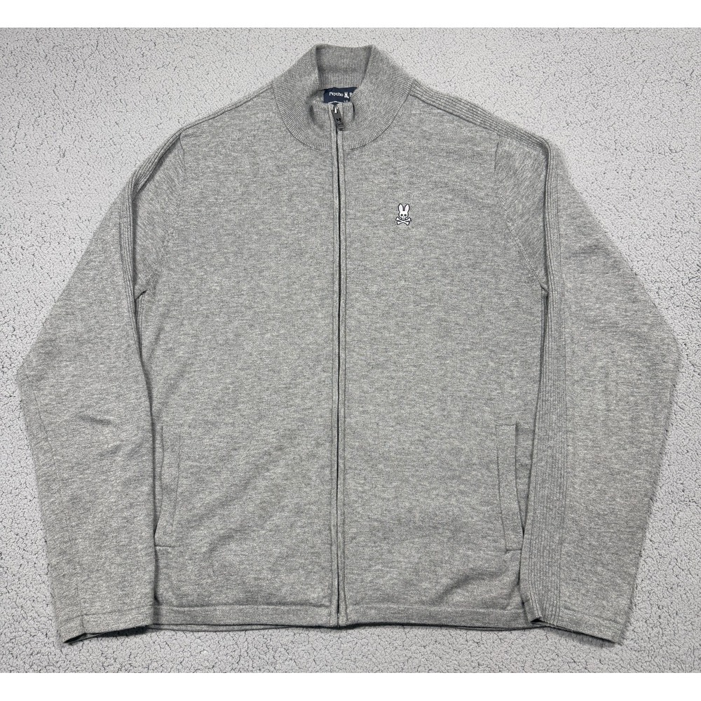 Psycho Bunny Sweater Mens L Gray Full Zip Mock Neck Merino Wool Supima‎ Cotton